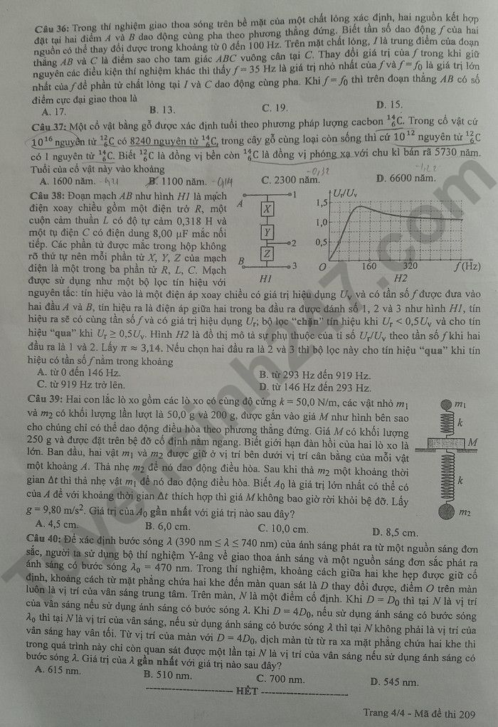 Dap an de thi mon Ly - Ma de 209 tot nghiep THPT 2024