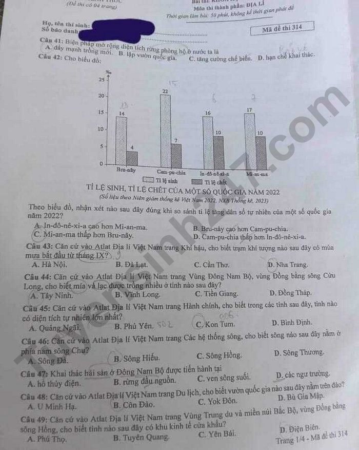 Cập nhật đề thi và đáp án môn Địa lý mã 314 kỳ thi tốt nghiệp THPT 2024 Cập nhật đề thi và đáp án môn Địa lý mã 314 kỳ thi tốt nghiệp THPT 2024