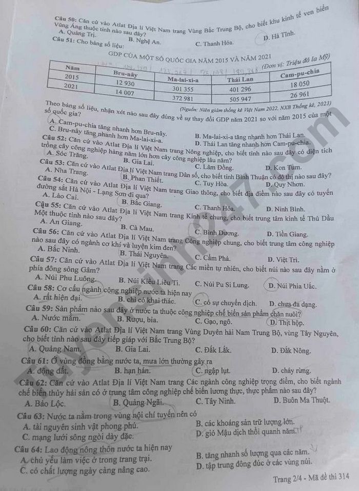 Cập nhật đề thi và đáp án môn Địa lý mã 314 kỳ thi tốt nghiệp THPT 2024 Cập nhật đề thi và đáp án môn Địa lý mã 314 kỳ thi tốt nghiệp THPT 2024
