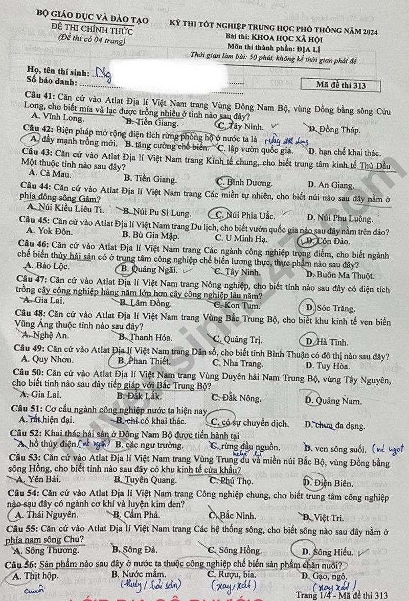 Cập nhật đề thi và đáp án môn Địa lý mã 313 kỳ thi tốt nghiệp THPT 2024 Cập nhật đề thi và đáp án môn Địa lý mã 313 kỳ thi tốt nghiệp THPT 2024