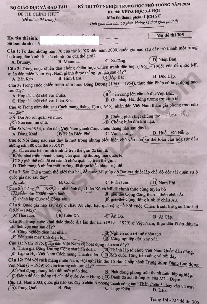 Dap an de thi tot nghiep THPT 2024 mon Su - Ma de 305