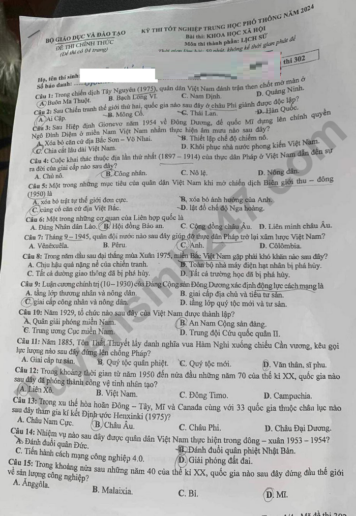 Dap an de thi tot nghiep THPT 2024 mon Su - Ma de 302