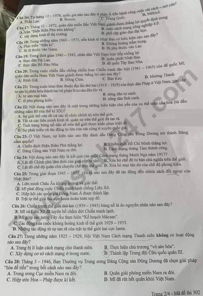 Dap an de thi tot nghiep THPT 2024 mon Su - Ma de 302