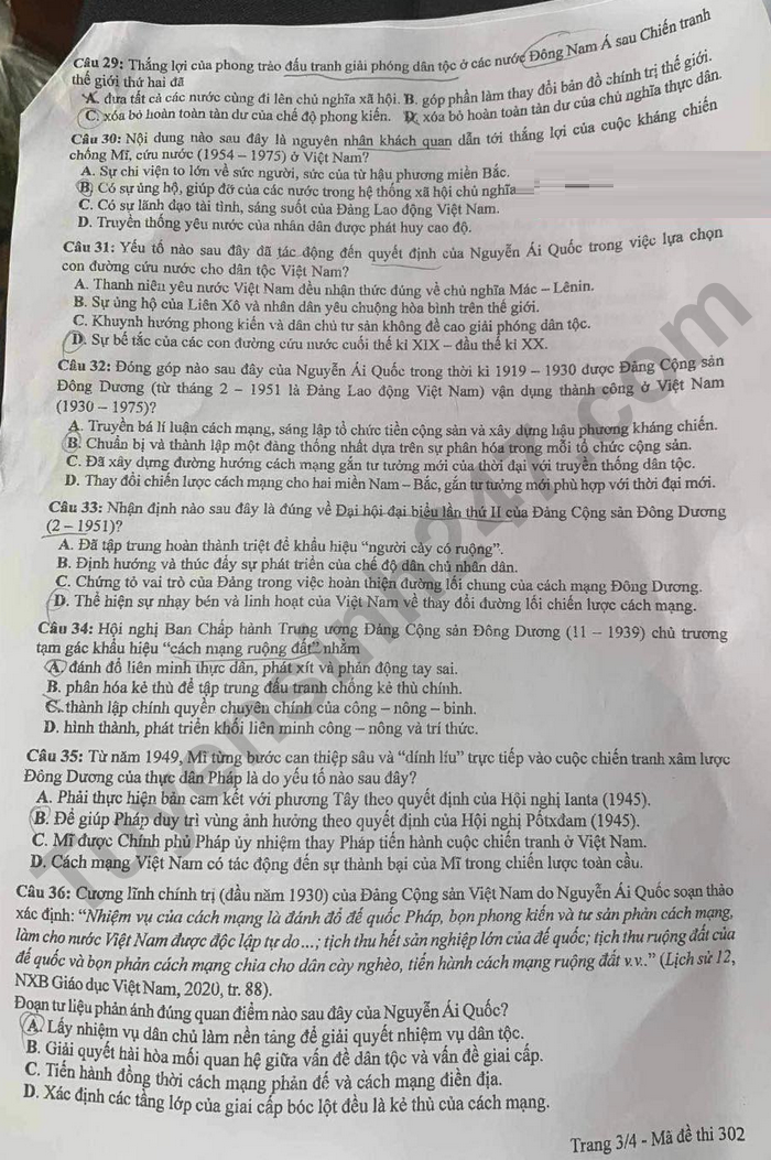 Dap an de thi tot nghiep THPT 2024 mon Su - Ma de 302