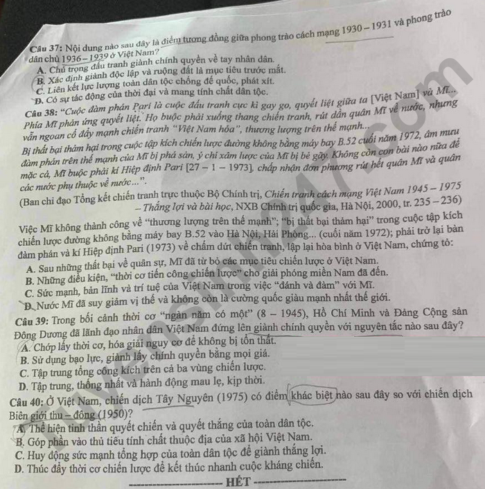 Dap an de thi tot nghiep THPT 2024 mon Su - Ma de 302