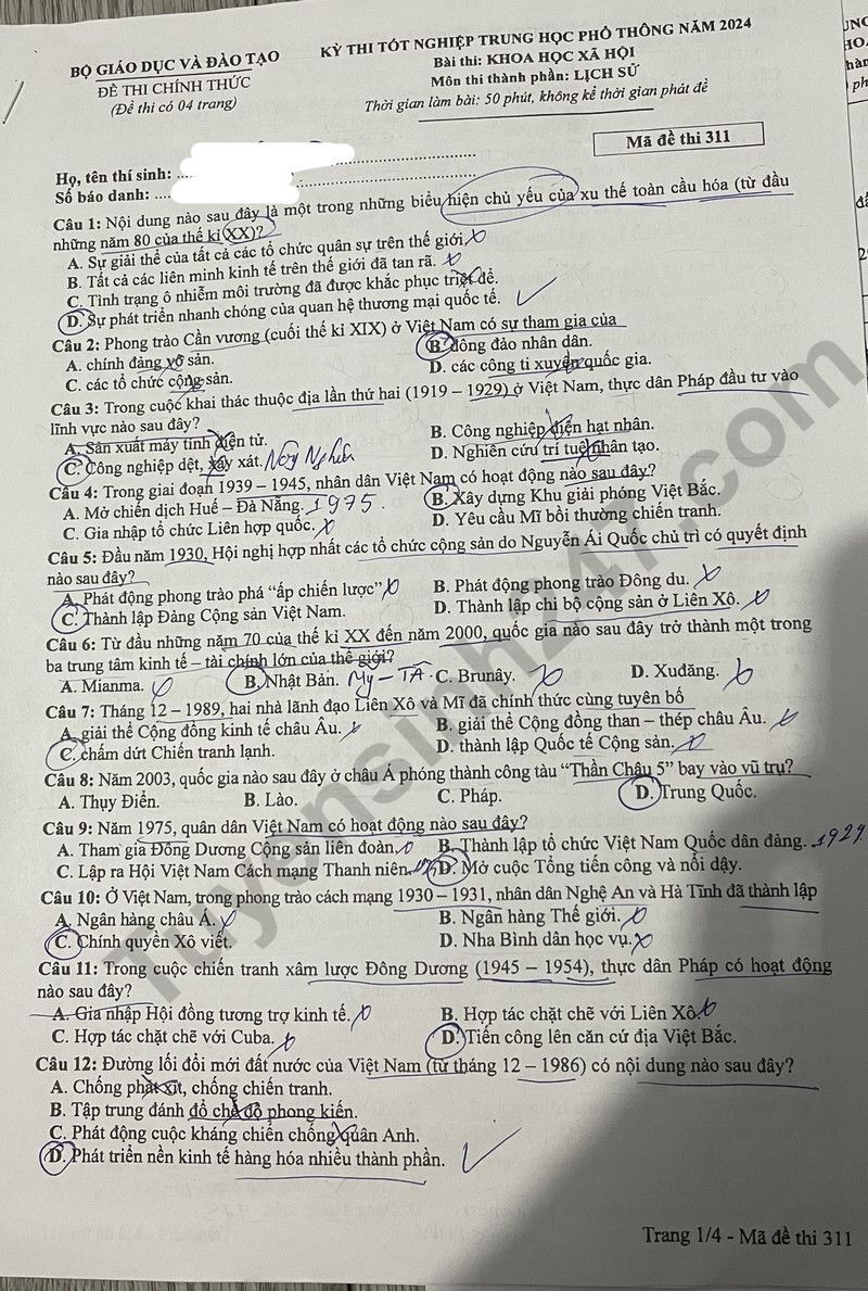 Dap an de thi tot nghiep THPT 2024 mon Su - Ma de 311