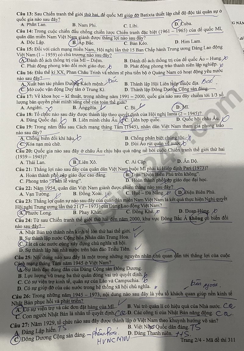 Dap an de thi tot nghiep THPT 2024 mon Su - Ma de 311