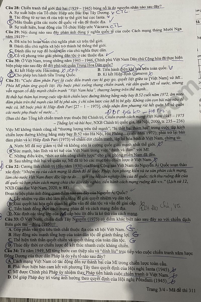 Dap an de thi tot nghiep THPT 2024 mon Su - Ma de 311