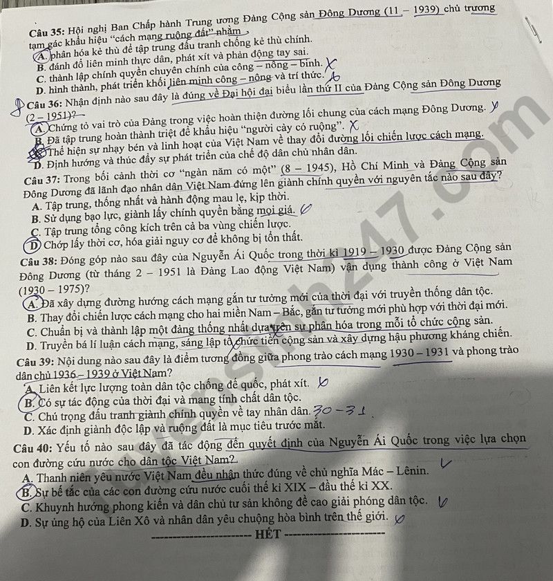 Dap an de thi tot nghiep THPT 2024 mon Su - Ma de 311