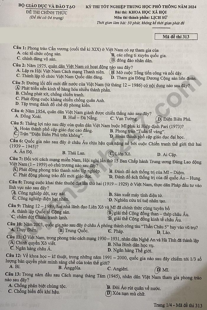 Dap an de thi tot nghiep THPT 2024 mon Su - Ma de 313