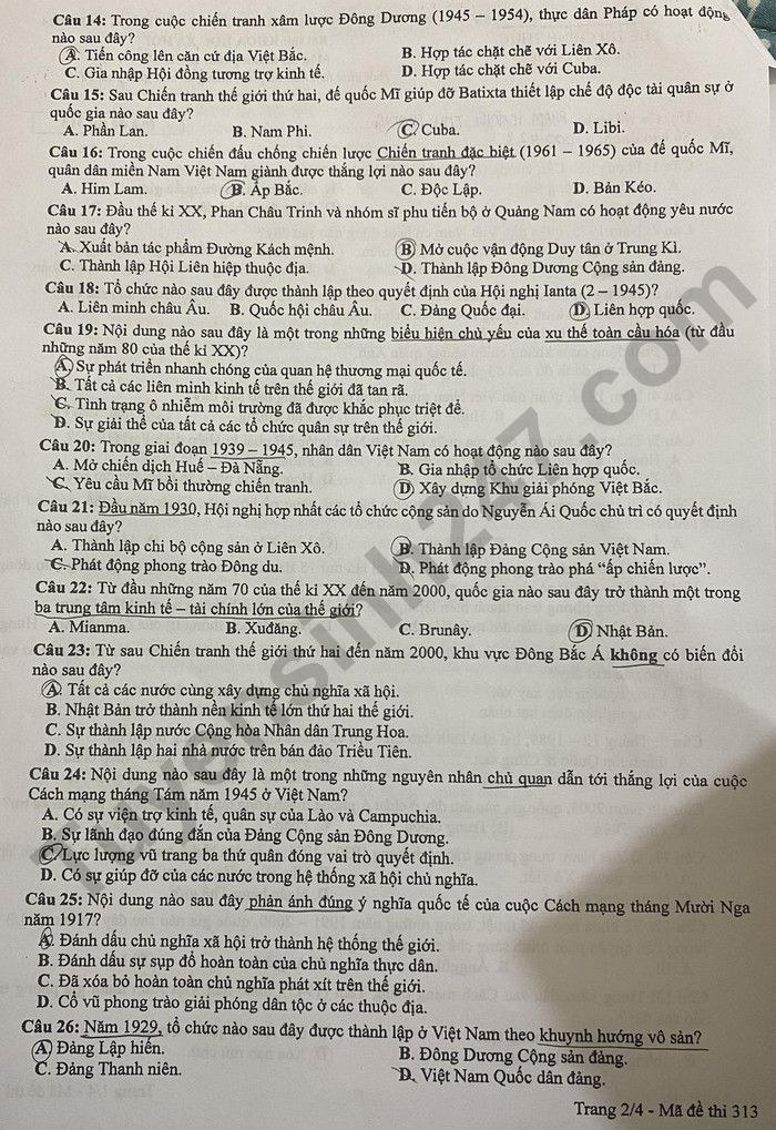 Dap an de thi tot nghiep THPT 2024 mon Su - Ma de 313