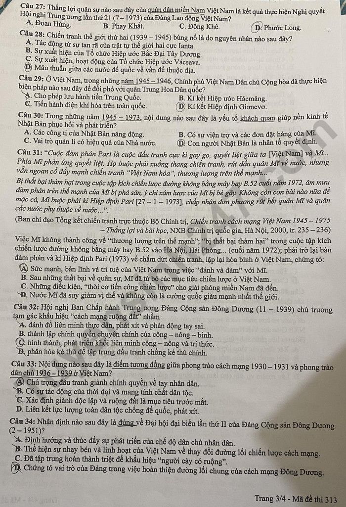 Dap an de thi tot nghiep THPT 2024 mon Su - Ma de 313