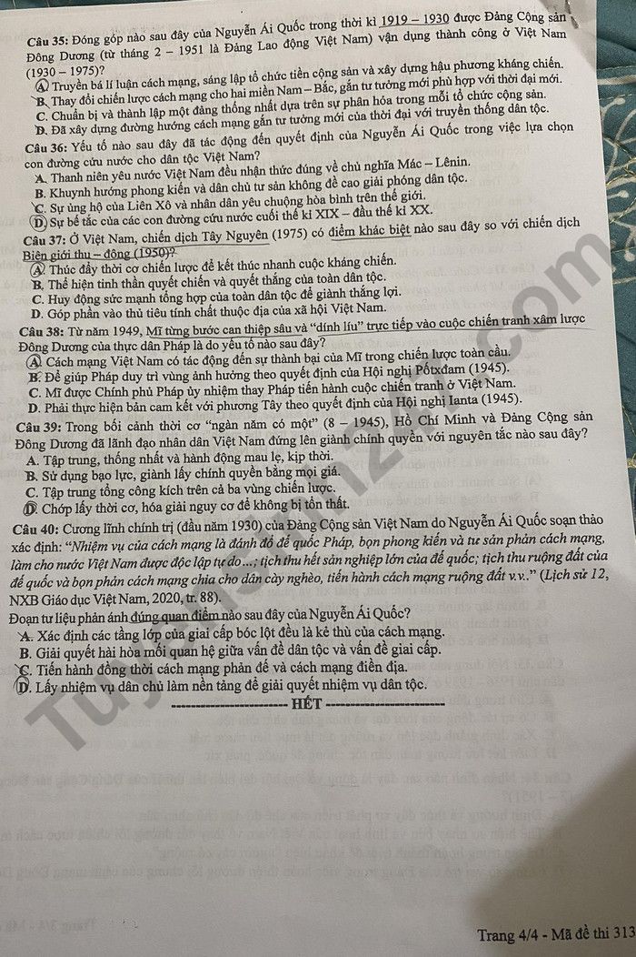 Dap an de thi tot nghiep THPT 2024 mon Su - Ma de 313