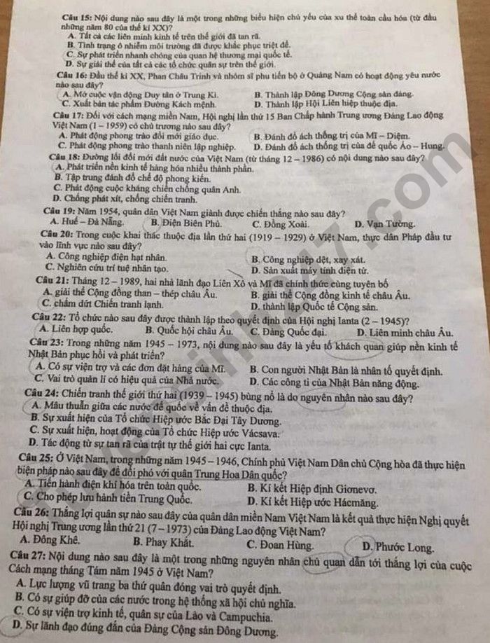 Dap an de thi tot nghiep THPT mon Su 2024 - ma de 301