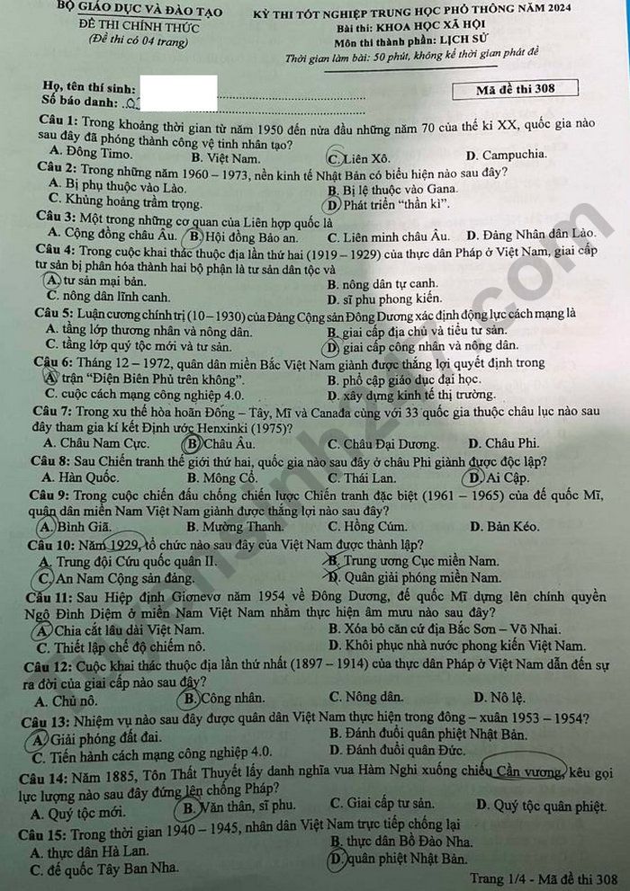 Dap an de thi tot nghiep THPT mon Su 2024 - Ma de 308