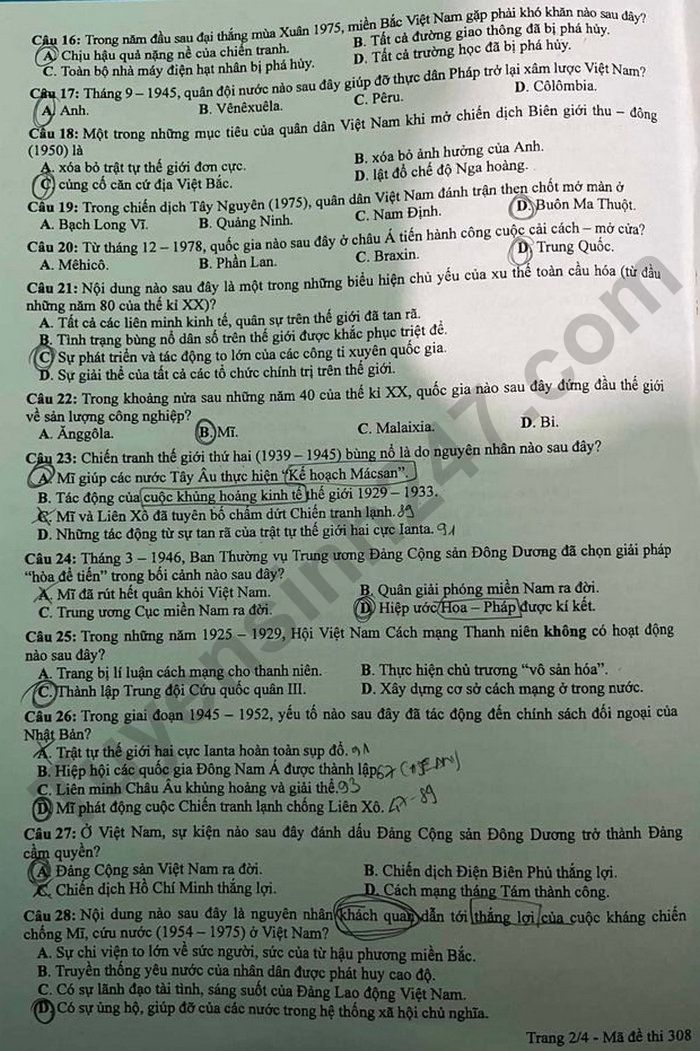 Dap an de thi tot nghiep THPT mon Su 2024 - Ma de 308