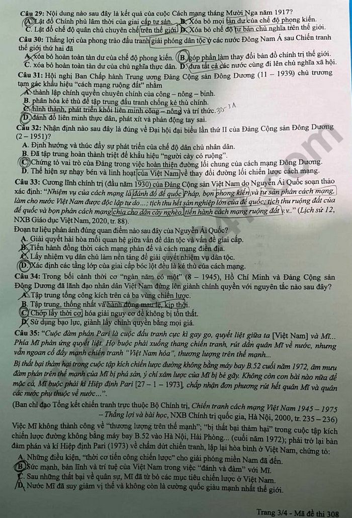 Dap an de thi tot nghiep THPT mon Su 2024 - Ma de 308