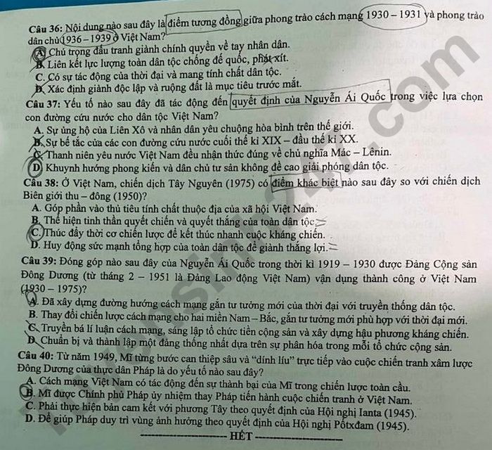 Dap an de thi tot nghiep THPT mon Su 2024 - Ma de 308