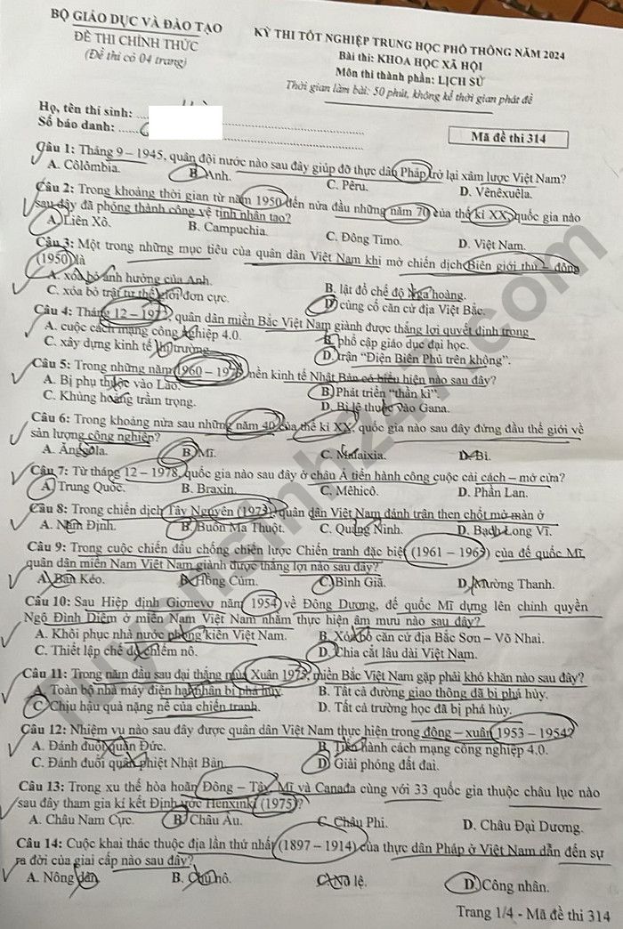 Dap an de thi mon Su - ma de 314 tot nghiep THPT nam 2024