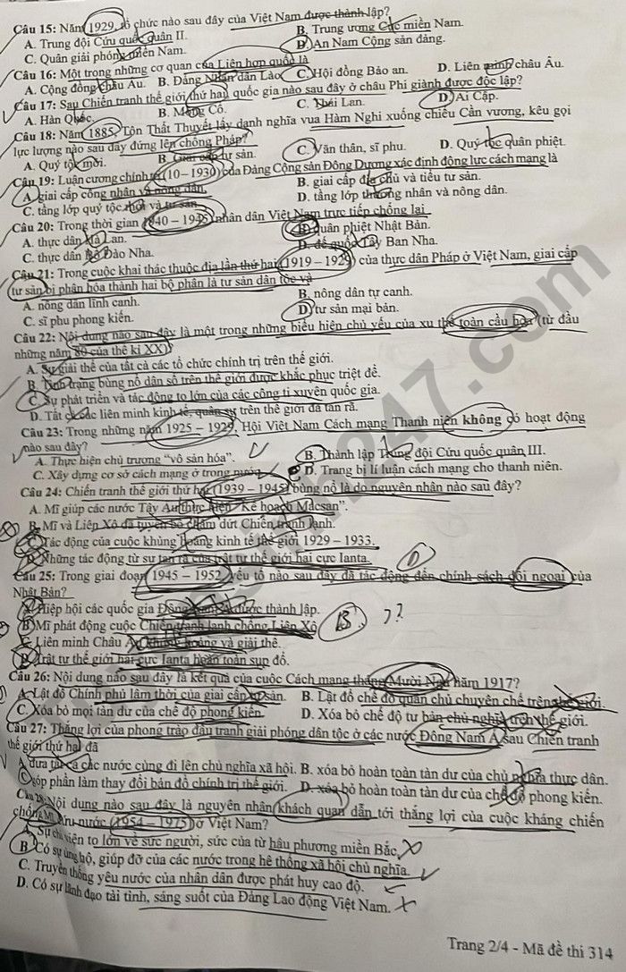 Dap an de thi mon Su - ma de 314 tot nghiep THPT nam 2024