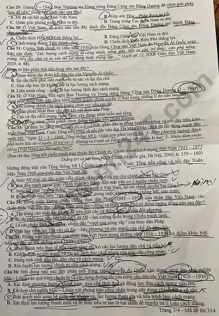 Dap an de thi mon Su - ma de 314 tot nghiep THPT nam 2024