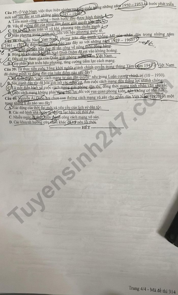 Dap an de thi mon Su - ma de 314 tot nghiep THPT nam 2024