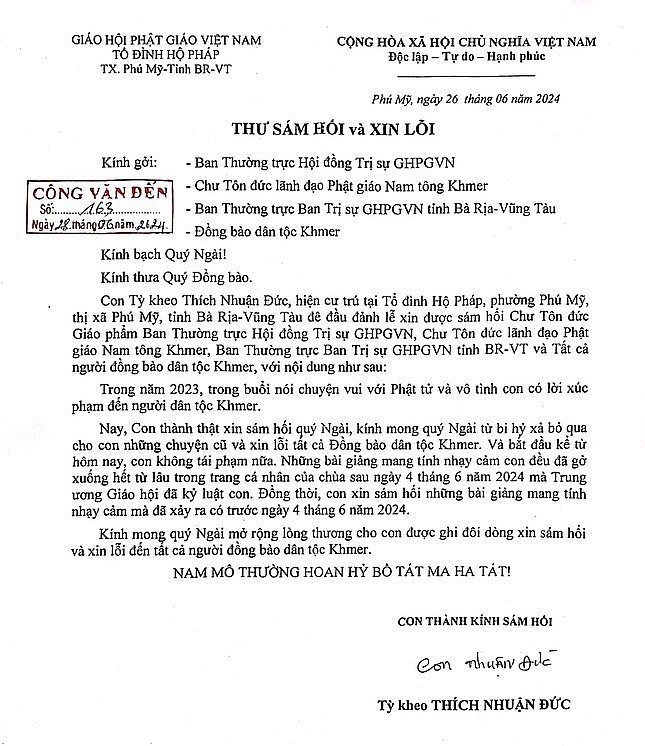 Thư sám hối và xin lỗi Đại đức Thích Nhuận Đức Thư sám hối và xin lỗi Đại đức Thích Nhuận Đức