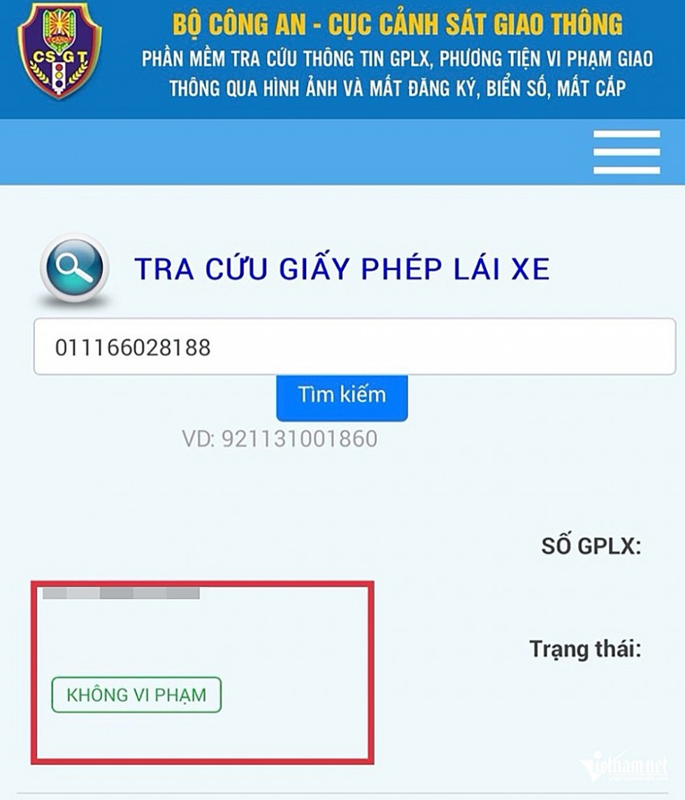 Hình ảnh tra cứu thông tin của giấy phép lái xe trên cơ sở dữ liệu. Ảnh chụp màn hình Hình ảnh tra cứu thông tin của giấy phép lái xe trên cơ sở dữ liệu. Ảnh chụp màn hình
