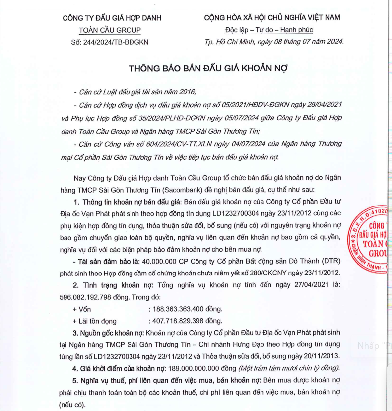 Đấu giá khoản nợ 596,082 tỷ đồng của Công ty địa ốc Vạn Phát tại Sacombank. Đấu giá khoản nợ 596,082 tỷ đồng của Công ty địa ốc Vạn Phát tại Sacombank.