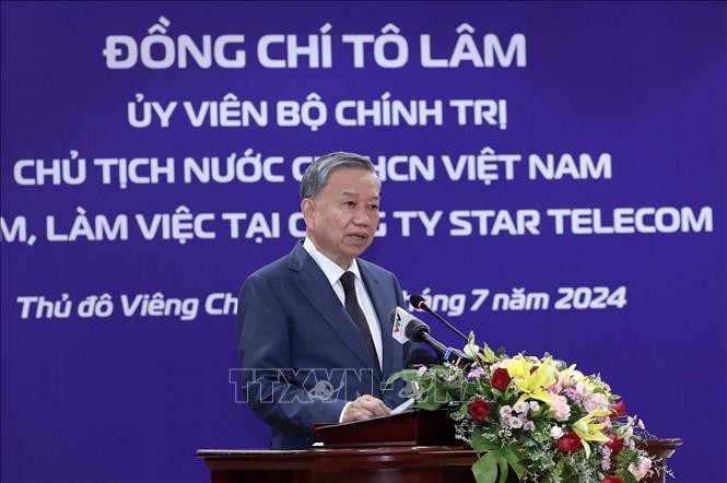 Chủ tịch nước Tô Lâm phát biểu tại buổi đến thăm Công ty Viễn thông Star Telecom. Ảnh: Nhan Sáng/TTXVN Chủ tịch nước Tô Lâm phát biểu tại buổi đến thăm Công ty Viễn thông Star Telecom. Ảnh: Nhan Sáng/TTXVN