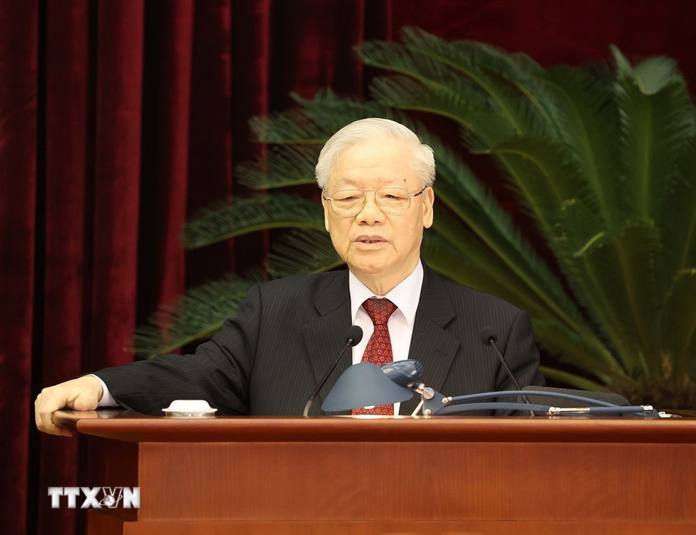 Tổng Bí thư Nguyễn Phú Trọng phát biểu bế mạc Hội nghị lần thứ tám Ban Chấp hành Trung ương Đảng Cộng sản Việt Nam khóa XIII tháng 10/2023. (Ảnh: Trí Dũng/TTXVN) ttxvn_tong bi thu nguyen phu trong.jpg