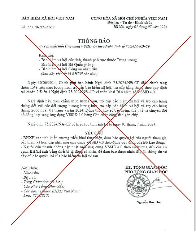 Văn bản giả mạo BHXH Việt Nam về việc cập nhật mới ứng dụng VssID nhằm lừa đảo, đánh cắp thông tin cá nhân và tiếp đó là đánh cắp tài khoản cá nhân, gây thiệt hại về tài chính của người dân, ảnh hưởng đến uy tín của Ngành BHXH. Văn bản giả mạo BHXH Việt Nam về việc cập nhật mới ứng dụng VssID nhằm lừa đảo, đánh cắp thông tin cá nhân và tiếp đó là đánh cắp tài khoản cá nhân, gây thiệt hại về tài chính của người dân, ảnh hưởng đến uy tín của Ngành BHXH.