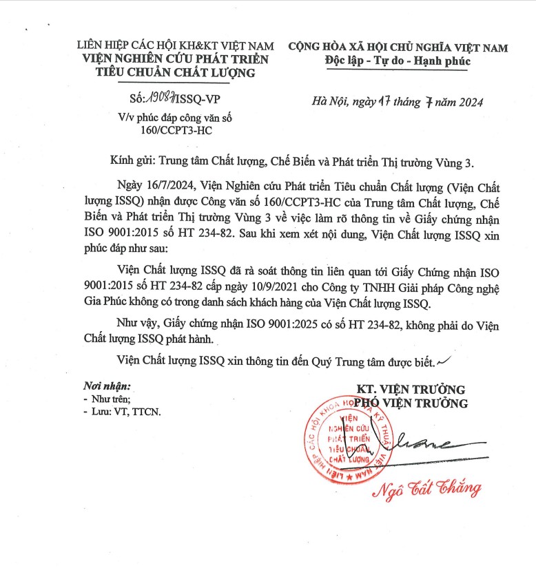 Công ty TNHH Giải pháp Công nghệ Gia Phúc giả mạo chứng nhận ISO để tham dự thầu? Công ty TNHH Giải pháp Công nghệ Gia Phúc giả mạo chứng nhận ISO để tham dự thầu?