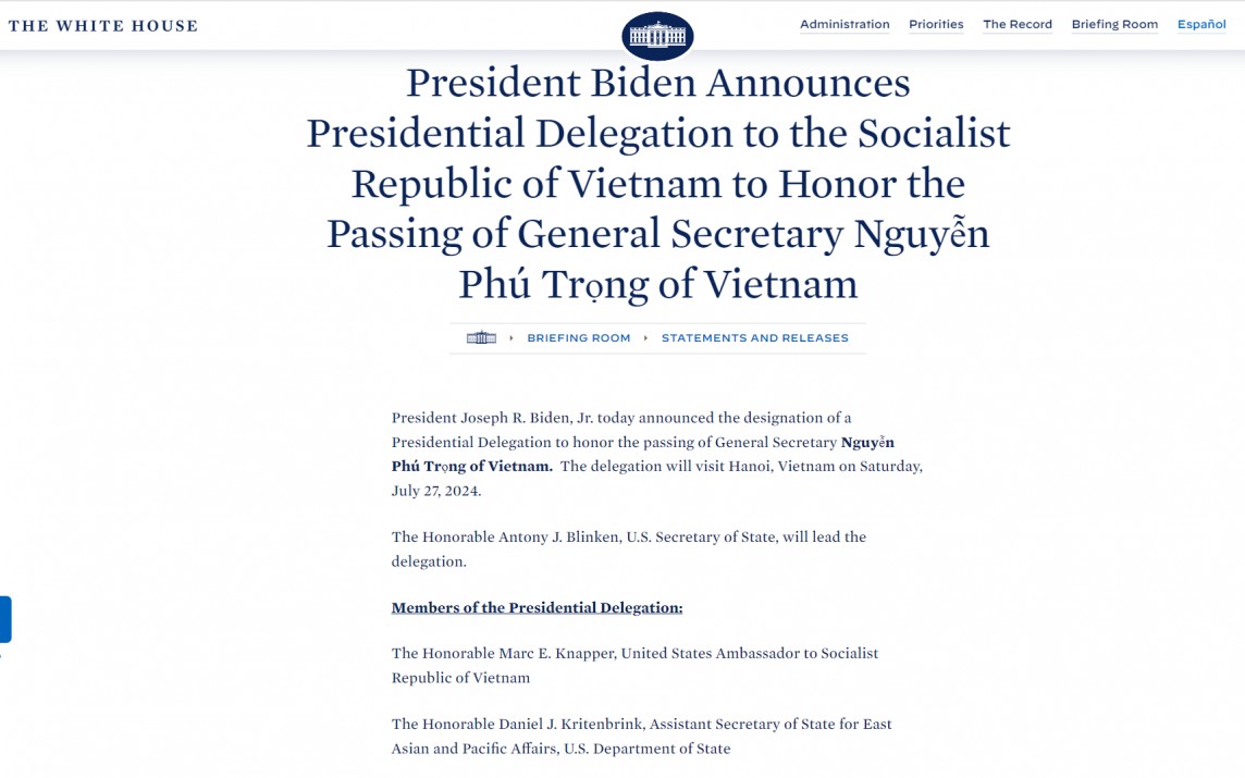 Tổng thống Joe Biden sẽ cử Phái đoàn đến viếng Tổng Bí thư Nguyễn Phú Trọng