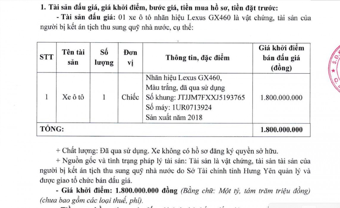 Hưng Yên: Đấu giá "siêu xe" Lexus GX460, giá khởi điểm 1,8 tỷ đồng