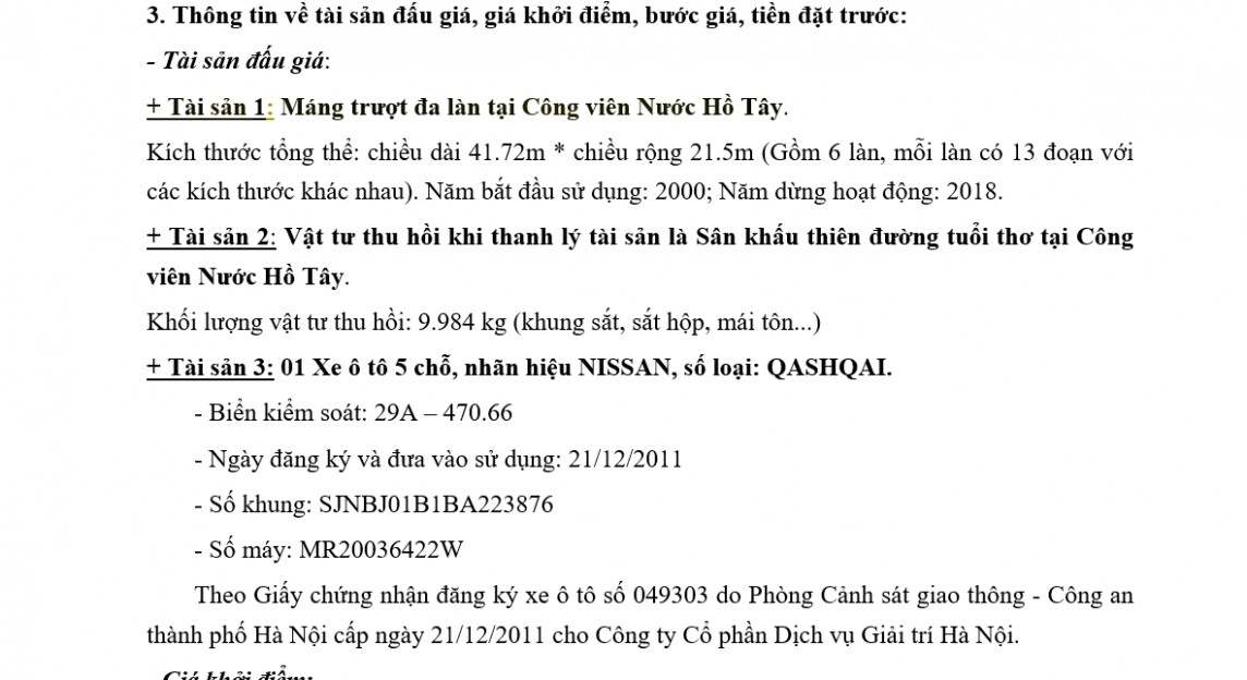 Hà Nội: Đấu giá xe ô tô và thiết bị trò chơi tại Công viên nước Hồ Tây Hà Nội: Đấu giá xe ô tô và thiết bị trò chơi tại Công viên nước Hồ Tây