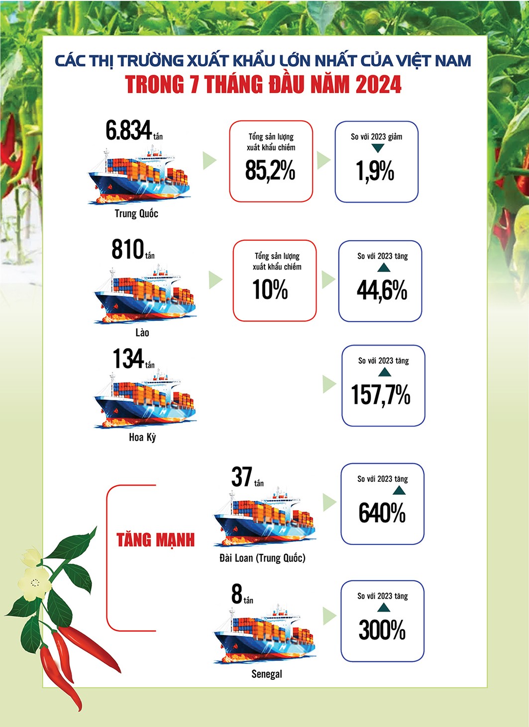 Infographic | Xuất khẩu ớt sang thị trường Đài Loan (Trung Quốc) tăng 640% Infographic | Xuất khẩu ớt sang thị trường Đài Loan (Trung Quốc) tăng 640%