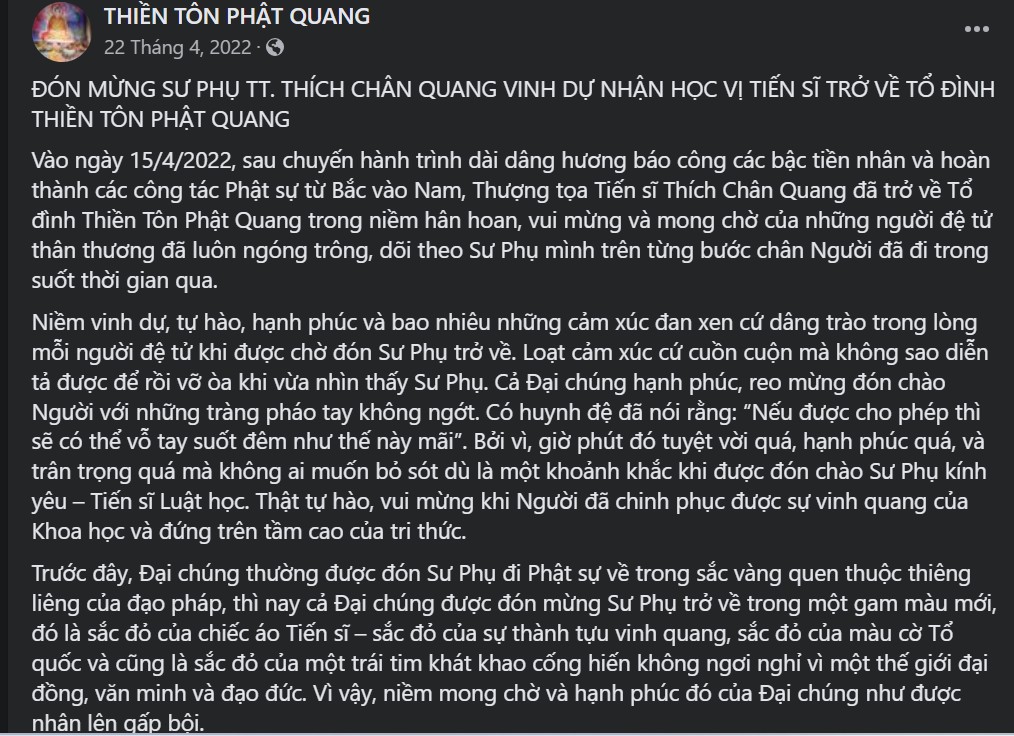 Cộng đồng mạng “đào lại” cảnh Thích Chân Quang làm lễ vinh quy bái tổ sau nhận bằng Tiến sĩ Luật Cộng đồng mạng “đào lại” cảnh Thích Chân Quang làm lễ vinh quy bái tổ sau nhận bằng Tiến sĩ Luật