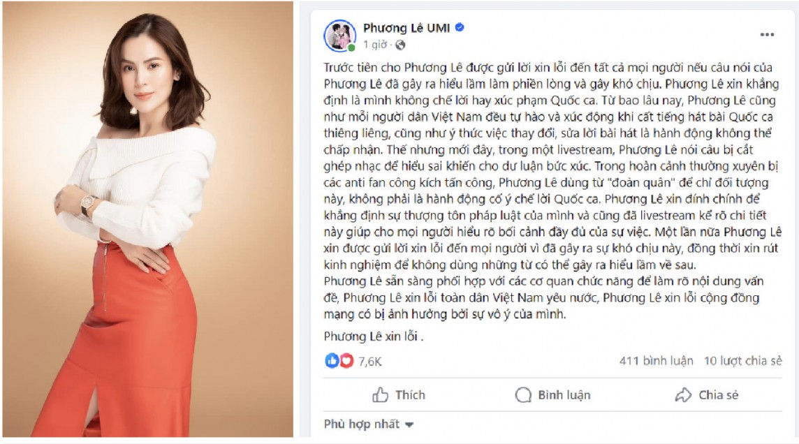 Hoa hậu quý bà Phương Lê xin lỗi về vụ chế lời Quốc ca. Ảnh: Chụp màn hình Hoa hậu quý bà Phương Lê xin lỗi về vụ chế lời Quốc ca. Ảnh: Chụp màn hình