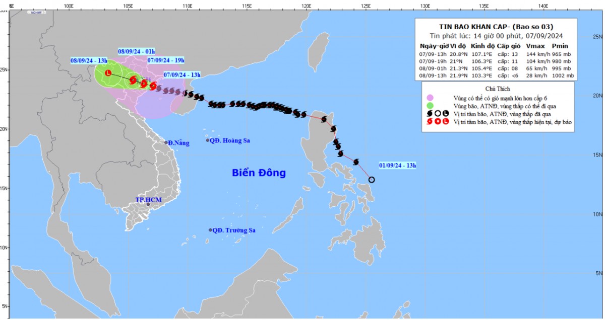 Bản đồ dự báo quỹ đạo và cường độ bão phát lúc 14h00 ngày 7/9/2024 Bản đồ dự báo quỹ đạo và cường độ bão phát lúc 14h00 ngày 7/9/2024