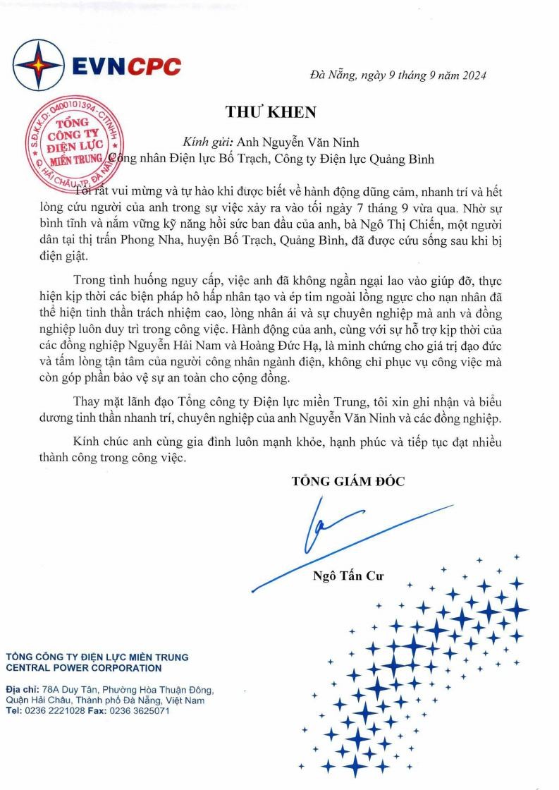 Tổng Giám đốc EVNCPC có thư khen anh Nguyễn Văn Ninh và đồng nghiệp Tổng Giám đốc EVNCPC có thư khen anh Nguyễn Văn Ninh và đồng nghiệp