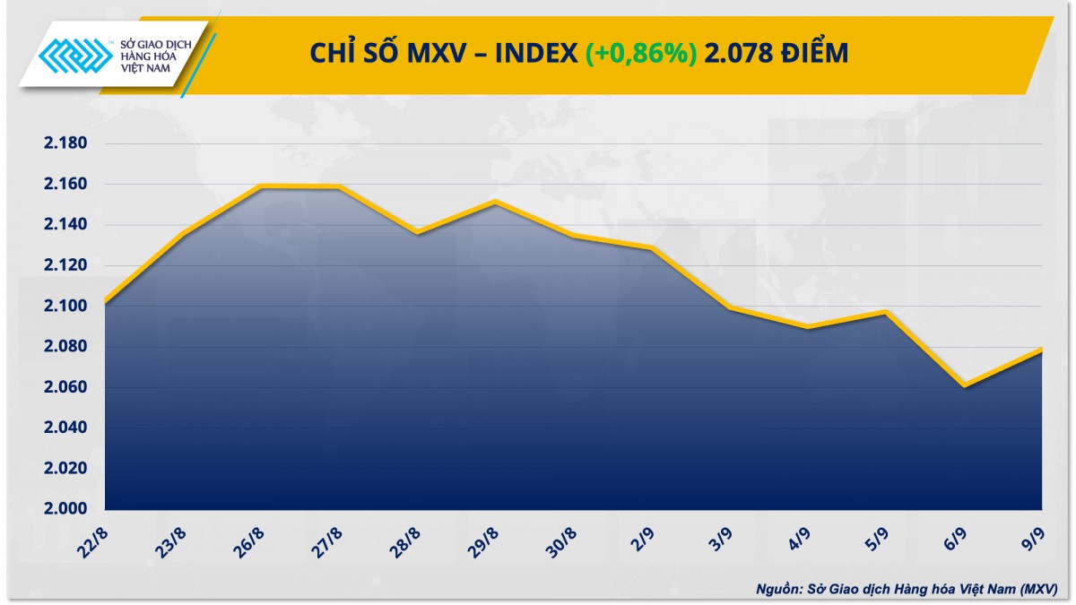 Thị trường hàng hóa hôm nay 10/9: Lực mua mạnh kéo chỉ số MXV-Index bật tăng Thị trường hàng hóa hôm nay 10/9: Lực mua mạnh kéo chỉ số MXV-Index bật tăng