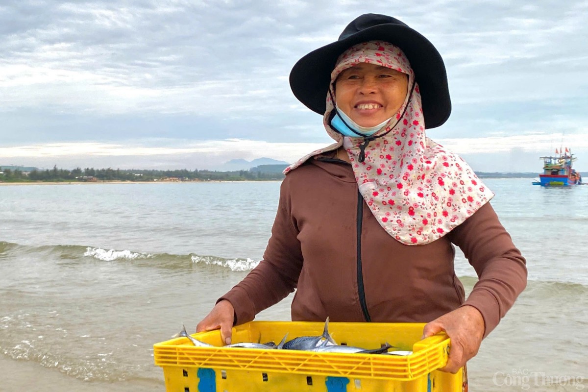 Các tàu cá neo đậu cách bờ 50m, ngư dân dùng thúng để vận chuyển cá, mỗi chuyến chở khoảng 2 - 3 tạ.