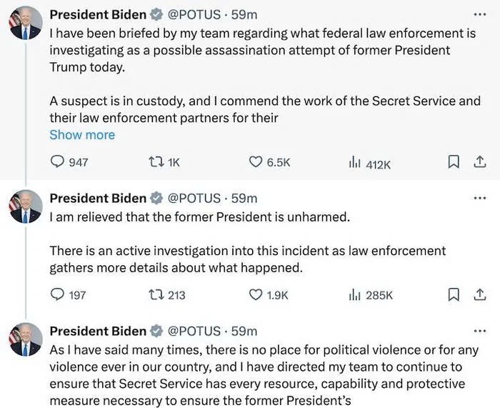 Tổng thống Mỹ Joe Biden lên tiếng sau khi ông Trump bị ám sát lần hai. Ảnh chụp màn hình tài khoản X của Tổng thống Mỹ Joe Biden Tổng thống Mỹ Joe Biden lên tiếng sau khi ông Trump bị ám sát lần hai. Ảnh chụp màn hình tài khoản X của Tổng thống Mỹ Joe Biden