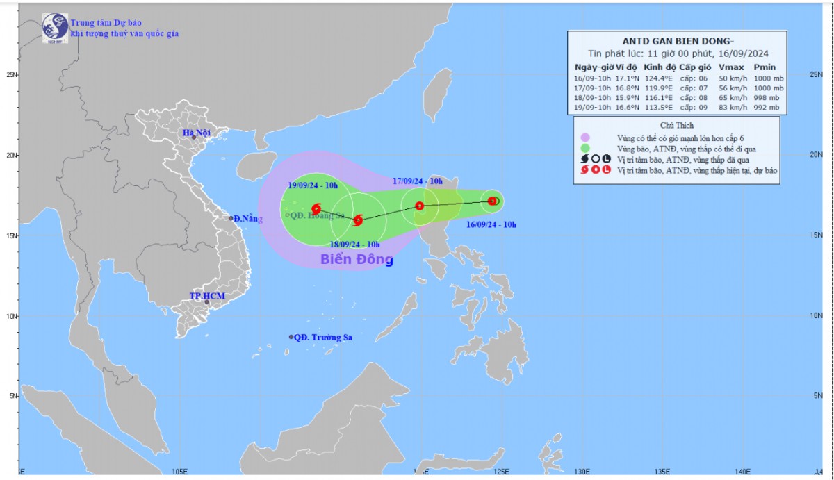 Bản đồ dự báo quỹ đạo và cường độ áp thấp nhiệt đới lúc 11h00 ngày 16/9/2024 Bản đồ dự báo quỹ đạo và cường độ áp thấp nhiệt đới lúc 11h00 ngày 16/9/2024