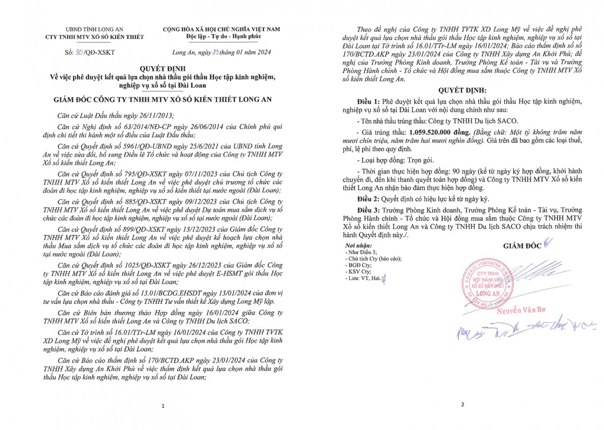 Quyết định lựa chọn nhà thầu Gói thầu đi