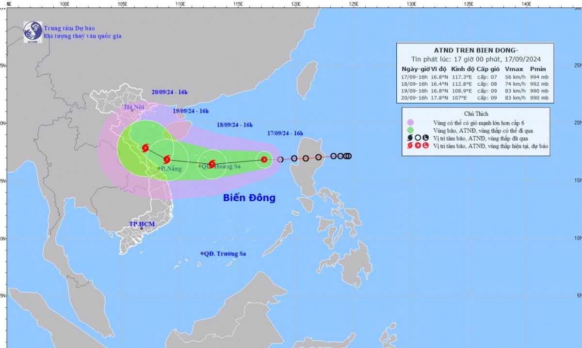 Dự báo thời tiết ngày mai 18/9/2024: Áp thấp nhiệt đới trên Biển Đông thành bão cách quần đảo Hoàng Sa 240km Dự báo thời tiết ngày mai 18/9/2024: Áp thấp nhiệt đới trên Biển Đông thành bão cách quần đảo Hoàng Sa 240km