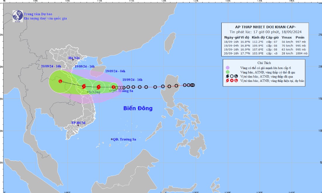 Tin áp thấp nhiệt đới mới nhất 16h chiều nay ngày 18/9: Áp thấp nhiệt đới cách TP. Đà Nẵng khoảng 430km Tin áp thấp nhiệt đới mới nhất 16h chiều nay ngày 18/9: Áp thấp nhiệt đới cách TP. Đà Nẵng khoảng 430km