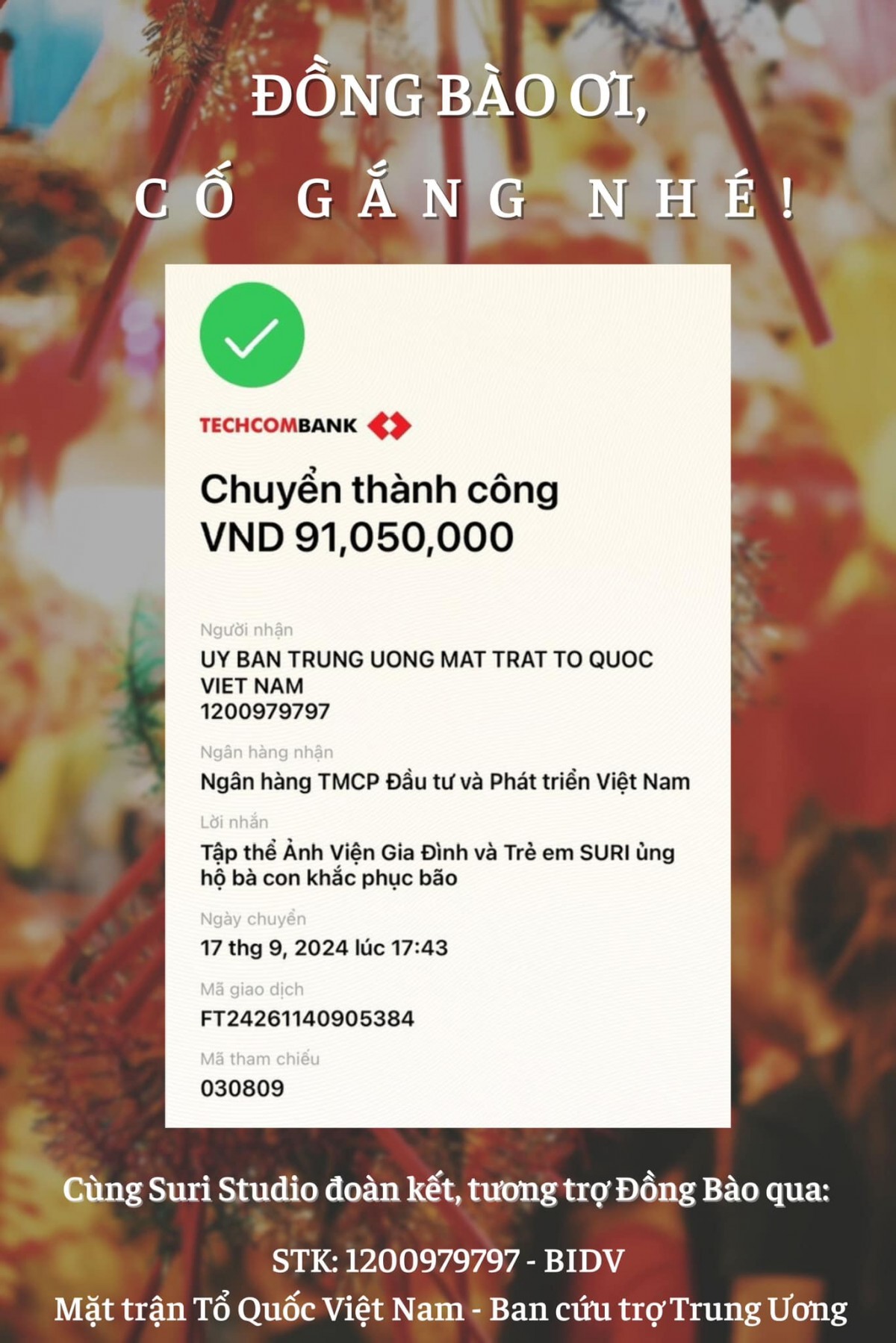 Hình ảnh bill chuyển khoản của ảnh viện Suri ủng hộ đồng bào lũ lụt gây tranh cãi trên cộng đồng mạng (Ảnh: Chụp màn hình). Hình ảnh bill chuyển khoản của ảnh viện Suri ủng hộ đồng bào lũ lụt gây tranh cãi trên cộng đồng mạng (Ảnh: Chụp màn hình).