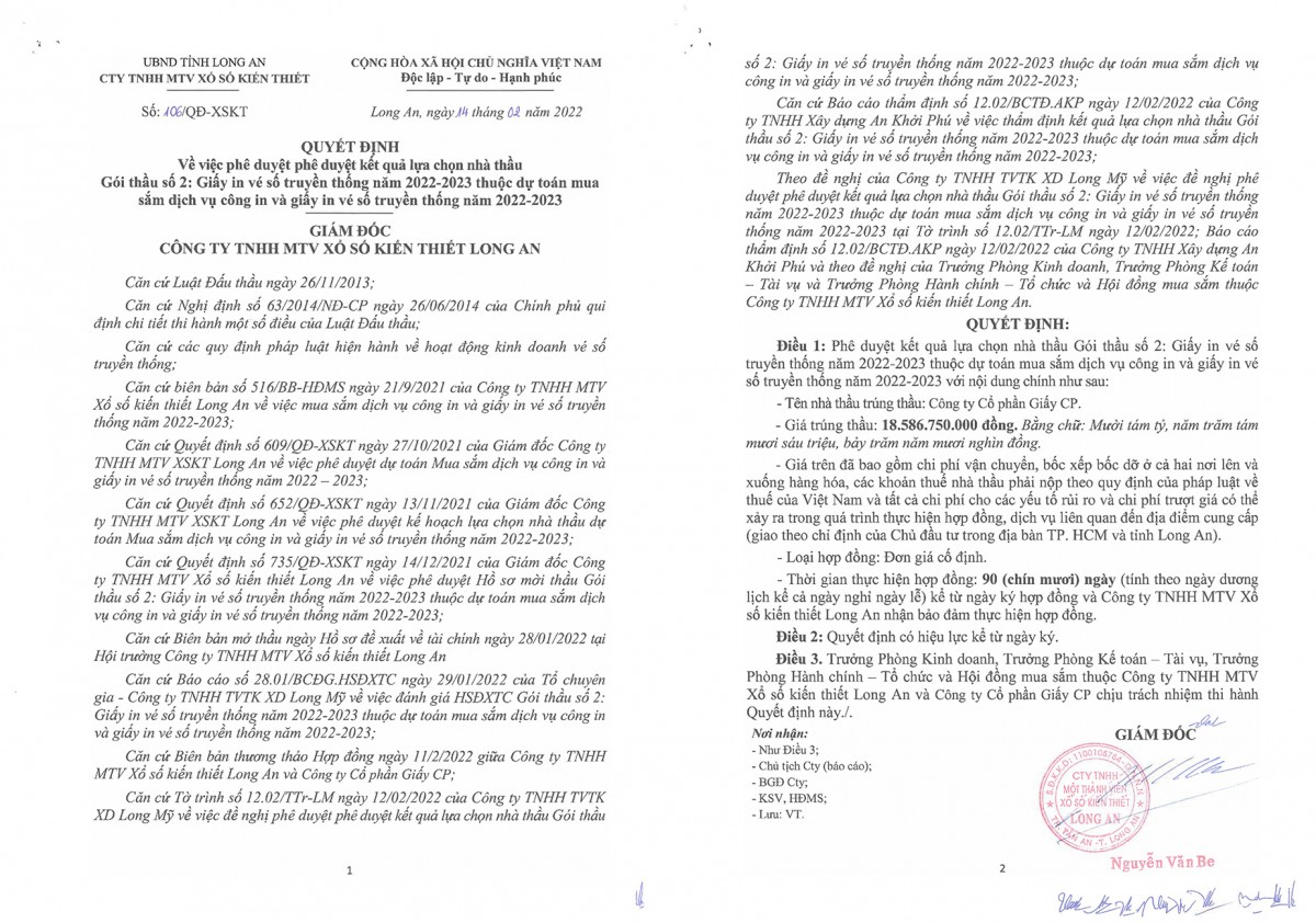 mỗi gói thầu nói trên chỉ có duy nhất một nhà thầu tham gia và trúng thầu Xổ số kiến thiết Long An mỗi gói thầu nói trên chỉ có duy nhất một nhà thầu tham gia và trúng thầu Xổ số kiến thiết Long An